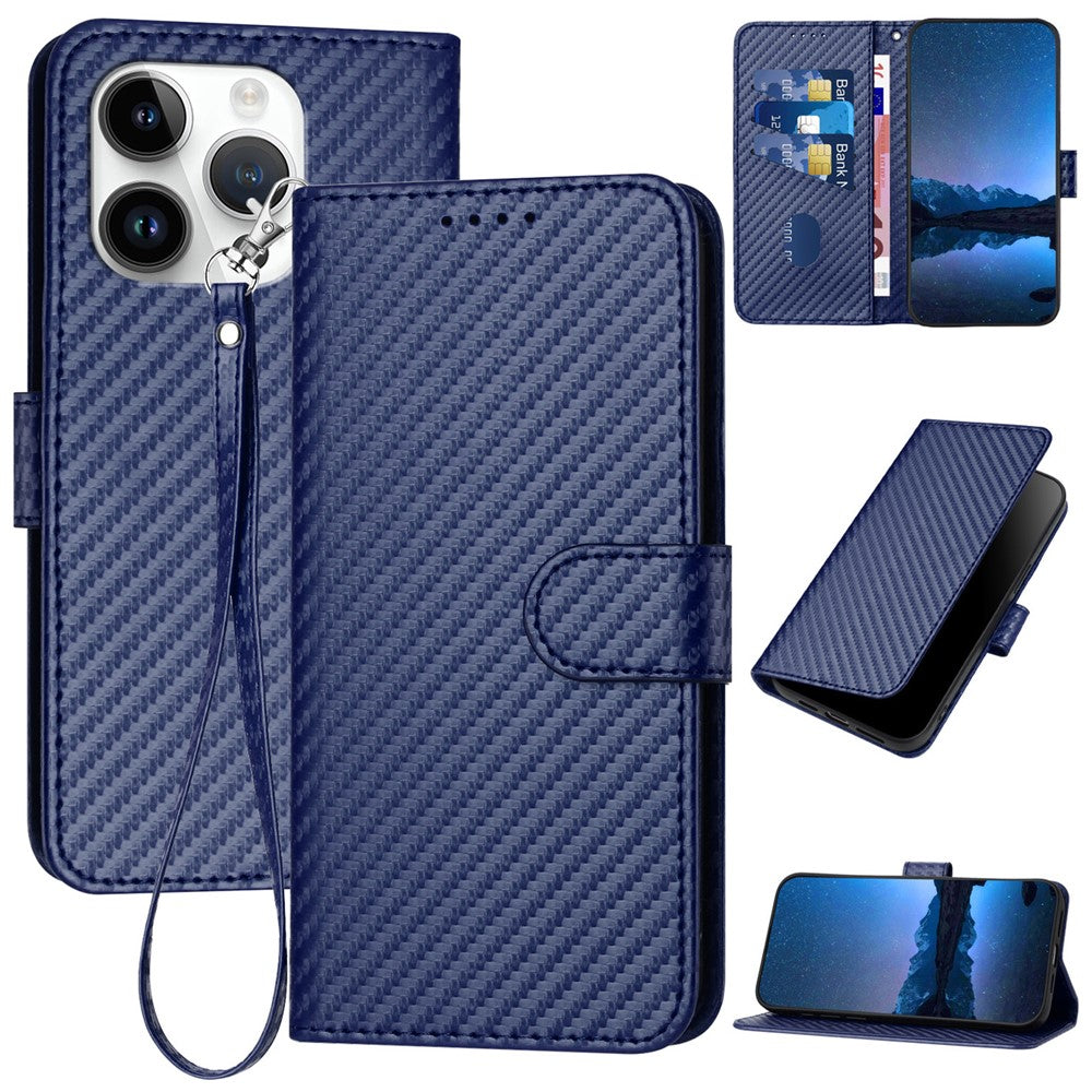 YX0070 For iPhone 15 Pro Multifunction Wallet Phone Case Carbon Fiber Texture PU Leather Phone Stand Cover