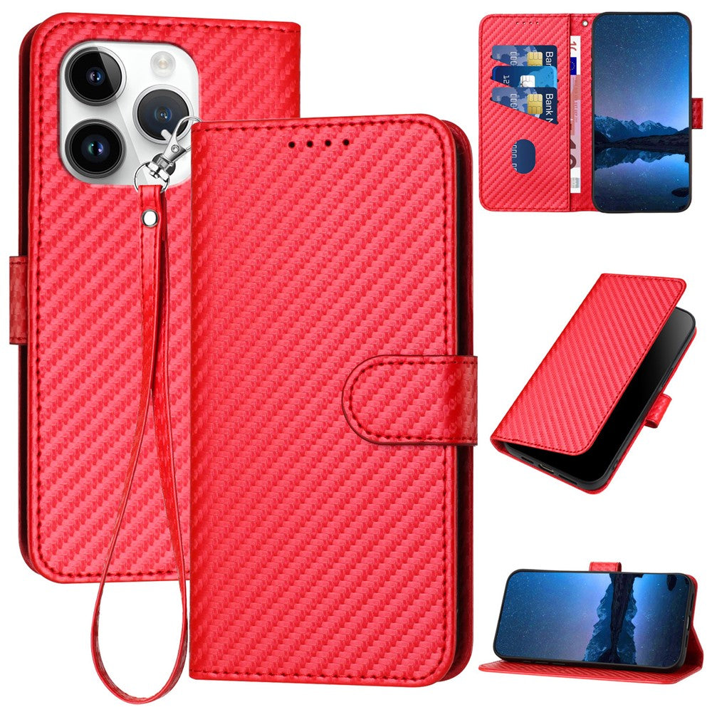 YX0070 For iPhone 15 Pro Multifunction Wallet Phone Case Carbon Fiber Texture PU Leather Phone Stand Cover