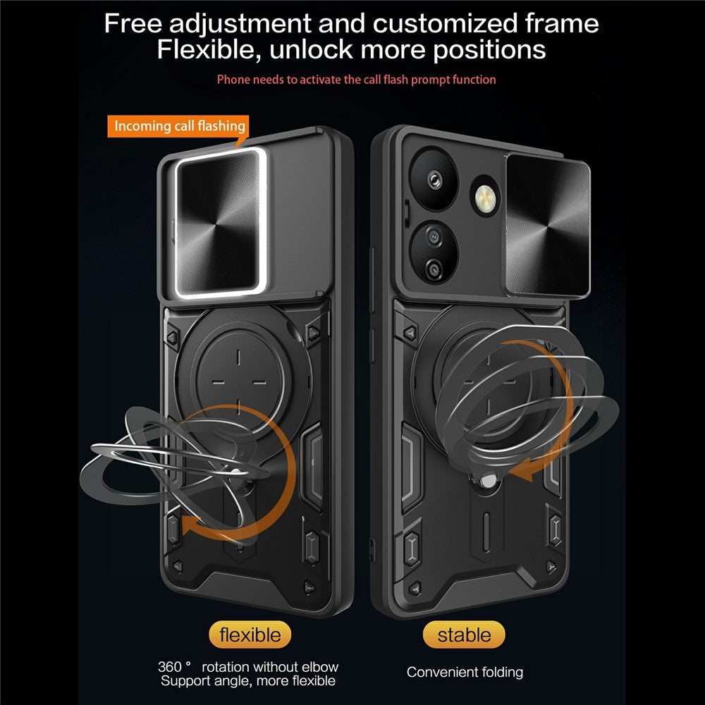 For Xiaomi Redmi 13C 4G / Poco C65 4G Case Slide Camera Lid TPU+PC Hybrid Phone Cover with Kickstand