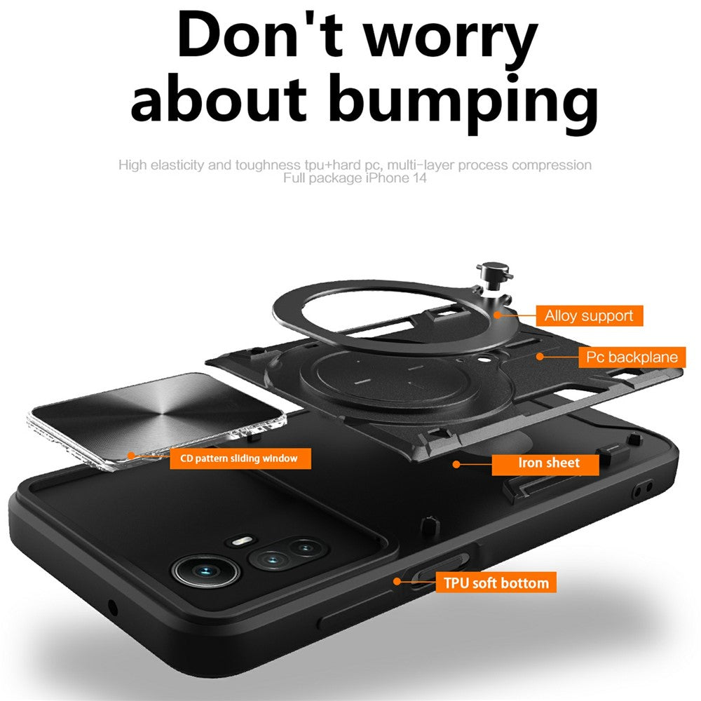 For Xiaomi Redmi Note 12S 4G Case Anti-Drop TPU+PC Phone Cover with Kickstand, Slide Lens Lid
