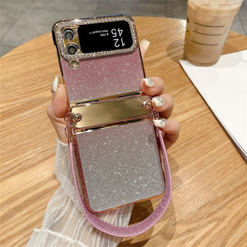For Samsung Galaxy Z Flip3 5G / Flip4 5G Case Hinge Protection Glitter Hard PC Phone Cover with Strap