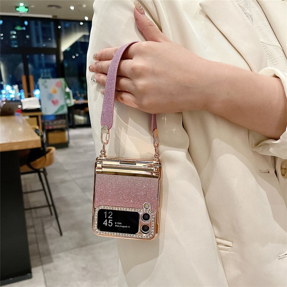 For Samsung Galaxy Z Flip3 5G / Flip4 5G Case Hinge Protection Glitter Hard PC Phone Cover with Strap