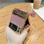 For Samsung Galaxy Z Flip3 5G / Flip4 5G Case Hinge Protection Glitter Hard PC Phone Cover with Strap
