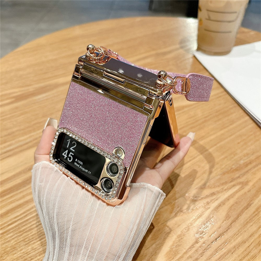 For Samsung Galaxy Z Flip3 5G / Flip4 5G Case Hinge Protection Glitter Hard PC Phone Cover with Strap