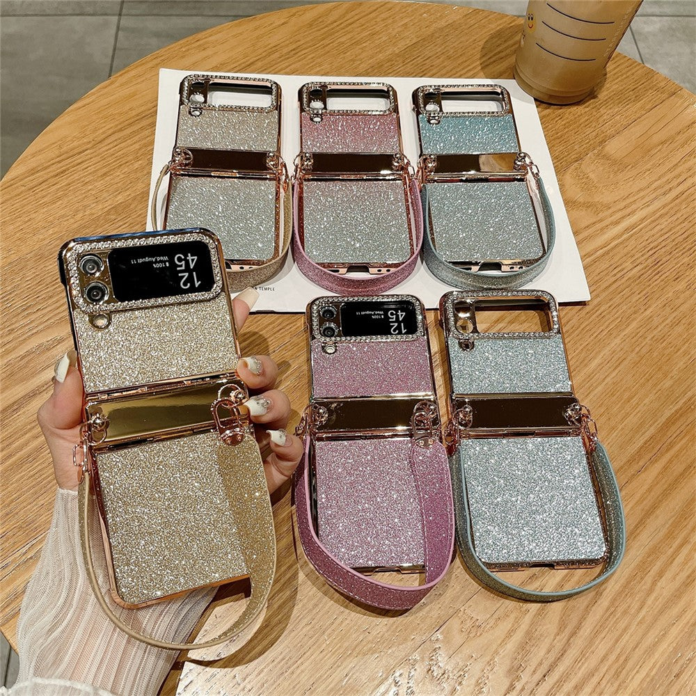 For Samsung Galaxy Z Flip3 5G / Flip4 5G Case Hinge Protection Glitter Hard PC Phone Cover with Strap