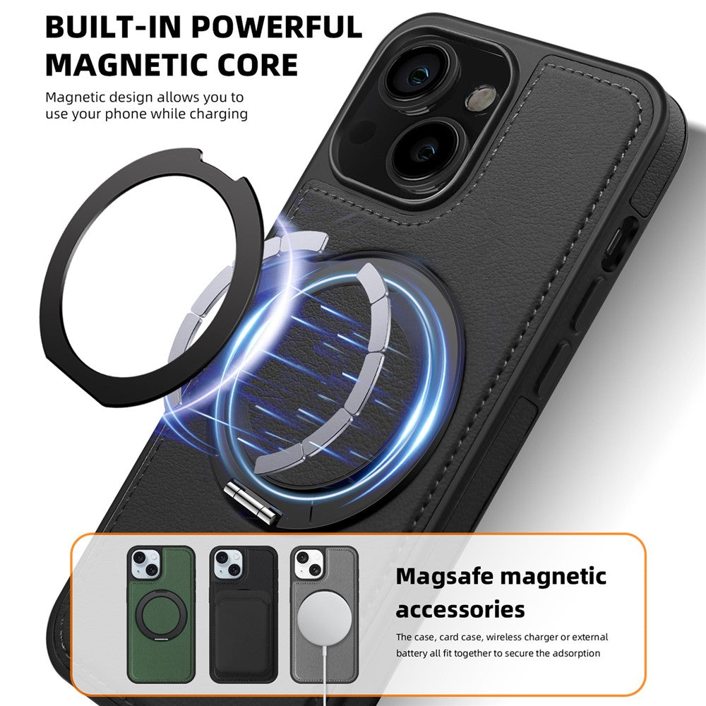 Skal med ringstativ för iPhone 14, kompatibelt med MagSafe-bakstycke i PU-läder