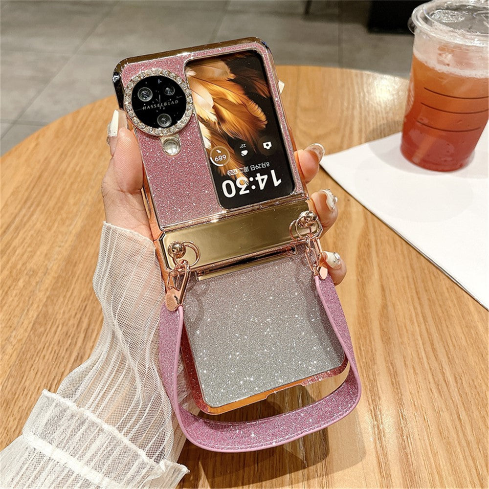 For Oppo Find N3 Flip 5G Case Rhinestones Glitter Hard PC Folding Phone Cover with Wrist Strap