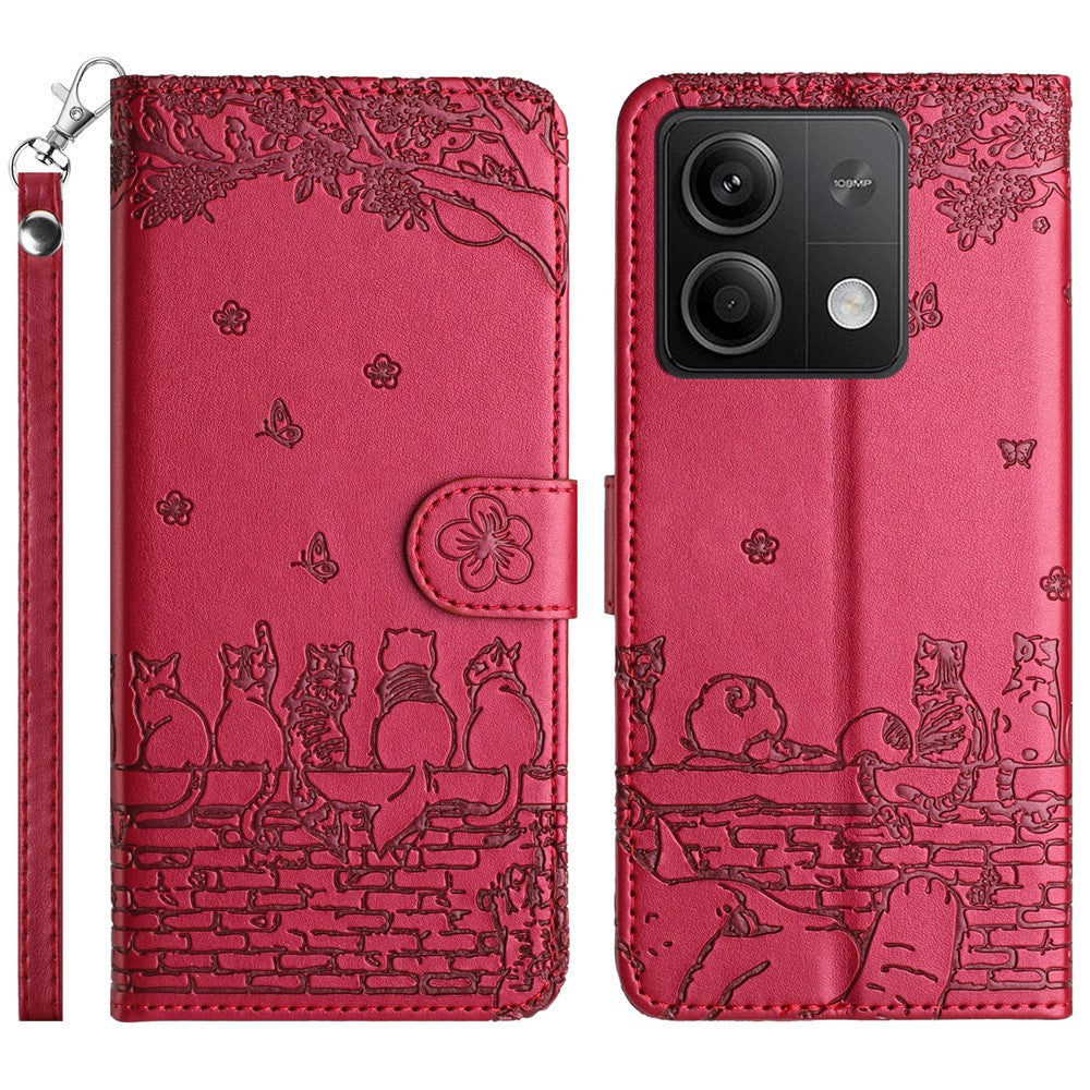 For Xiaomi Redmi Note 13 5G Case with Wrist Strap Leather Phone Cover Wall Cats Pattern