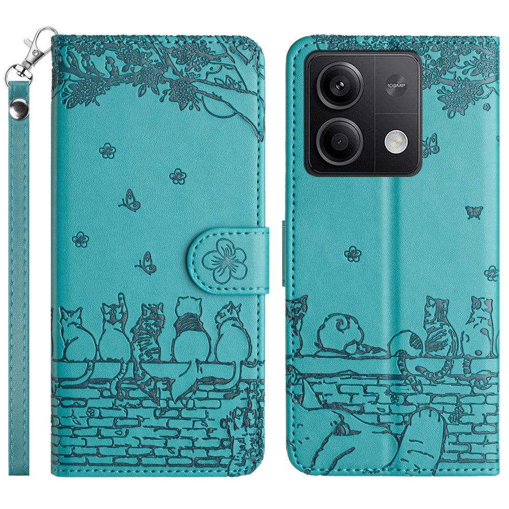 For Xiaomi Redmi Note 13 5G Case with Wrist Strap Leather Phone Cover Wall Cats Pattern