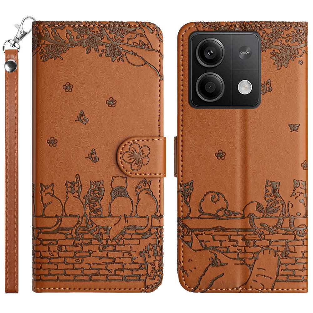 For Xiaomi Redmi Note 13 5G Case with Wrist Strap Leather Phone Cover Wall Cats Pattern
