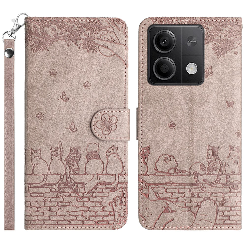 For Xiaomi Redmi Note 13 5G Case with Wrist Strap Leather Phone Cover Wall Cats Pattern