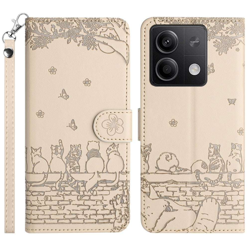 For Xiaomi Redmi Note 13 5G Case with Wrist Strap Leather Phone Cover Wall Cats Pattern