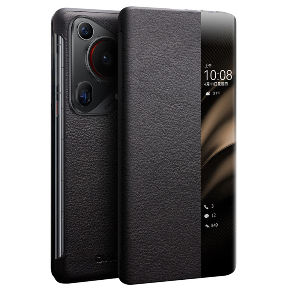 QIALINO För Huawei Pura 70 Ultra Skal View Window Flip Äkta Koläder Slim mobilskal