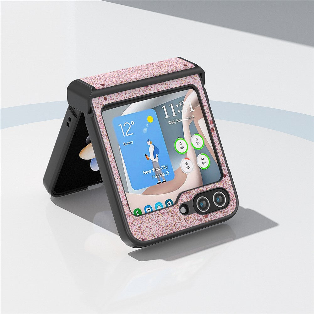 ABEEL For Samsung Galaxy Z Flip7 FE 5G / Z Flip6 5G Case PU Leather+PC Glitter Phone Cover with Hinge Design