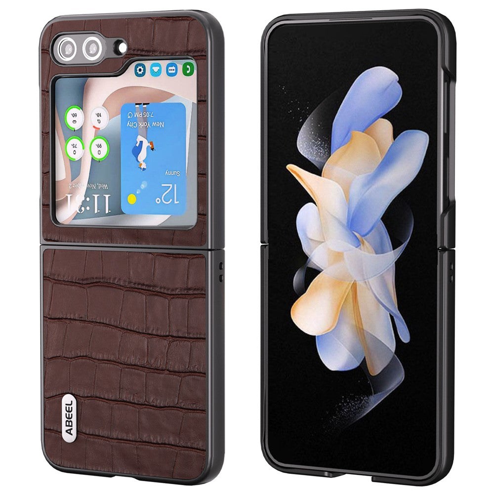 ABEEL til Samsung Galaxy Z Flip7 FE 5G / Z Flip6 5G mobilcover i ægte læder + PC med krokodillestruktur og stødsikker beskyttelse