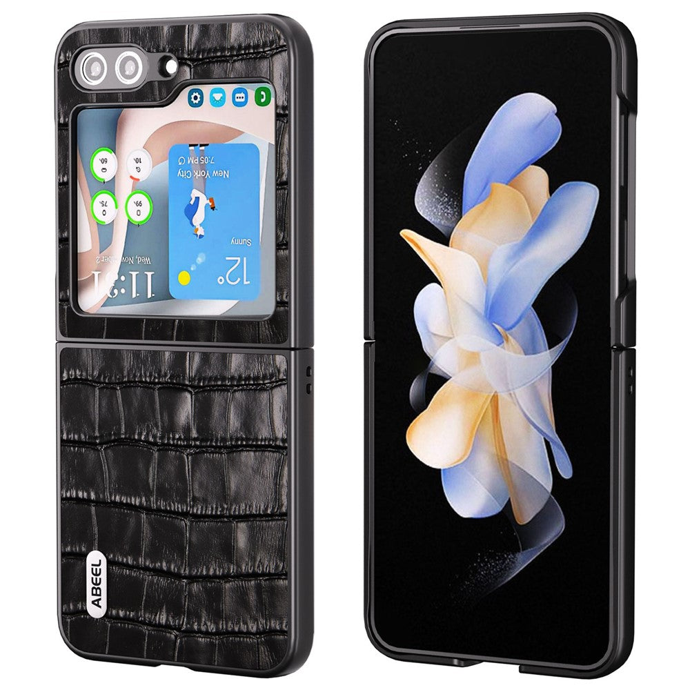 ABEEL til Samsung Galaxy Z Flip7 FE 5G / Z Flip6 5G mobilcover i ægte læder + PC med krokodillestruktur og stødsikker beskyttelse