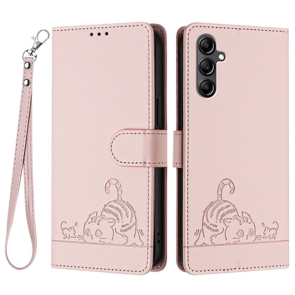 For Samsung Galaxy A15 4G / 5G Cover med Rem RFID Blokerende Læder Pung Telefon Cover Kat Mus Mønster