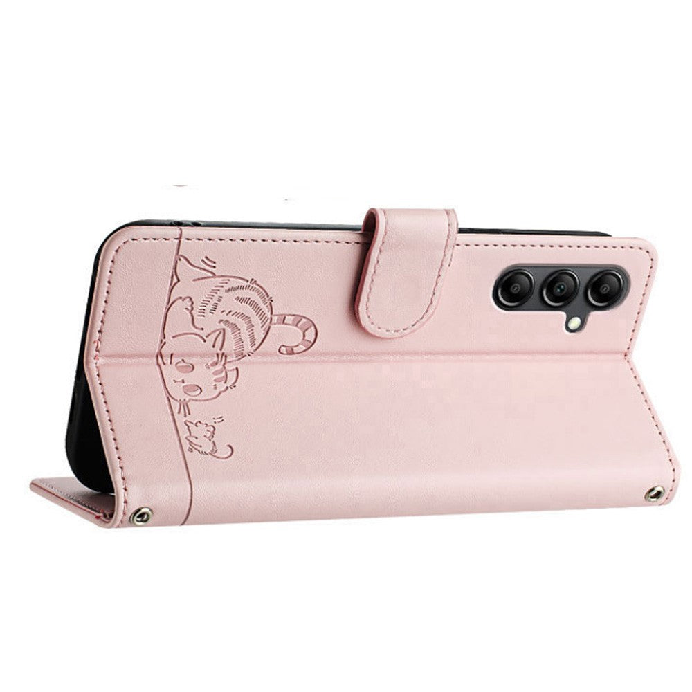 For Samsung Galaxy A15 4G / 5G Cover med Rem RFID Blokerende Læder Pung Telefon Cover Kat Mus Mønster