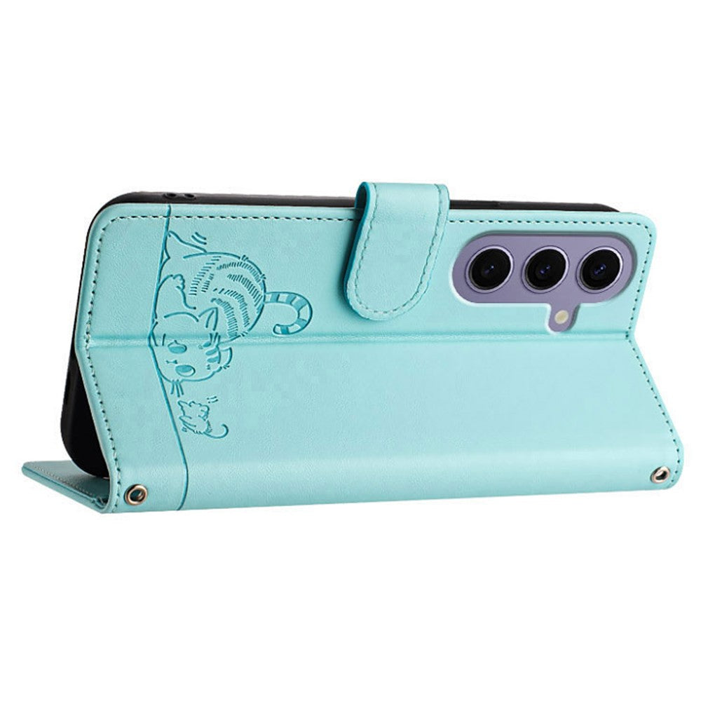 For Samsung Galaxy S24 Case with Strap RFID Blocking Leather Wallet Phone Cover Cat Mouse Pattern