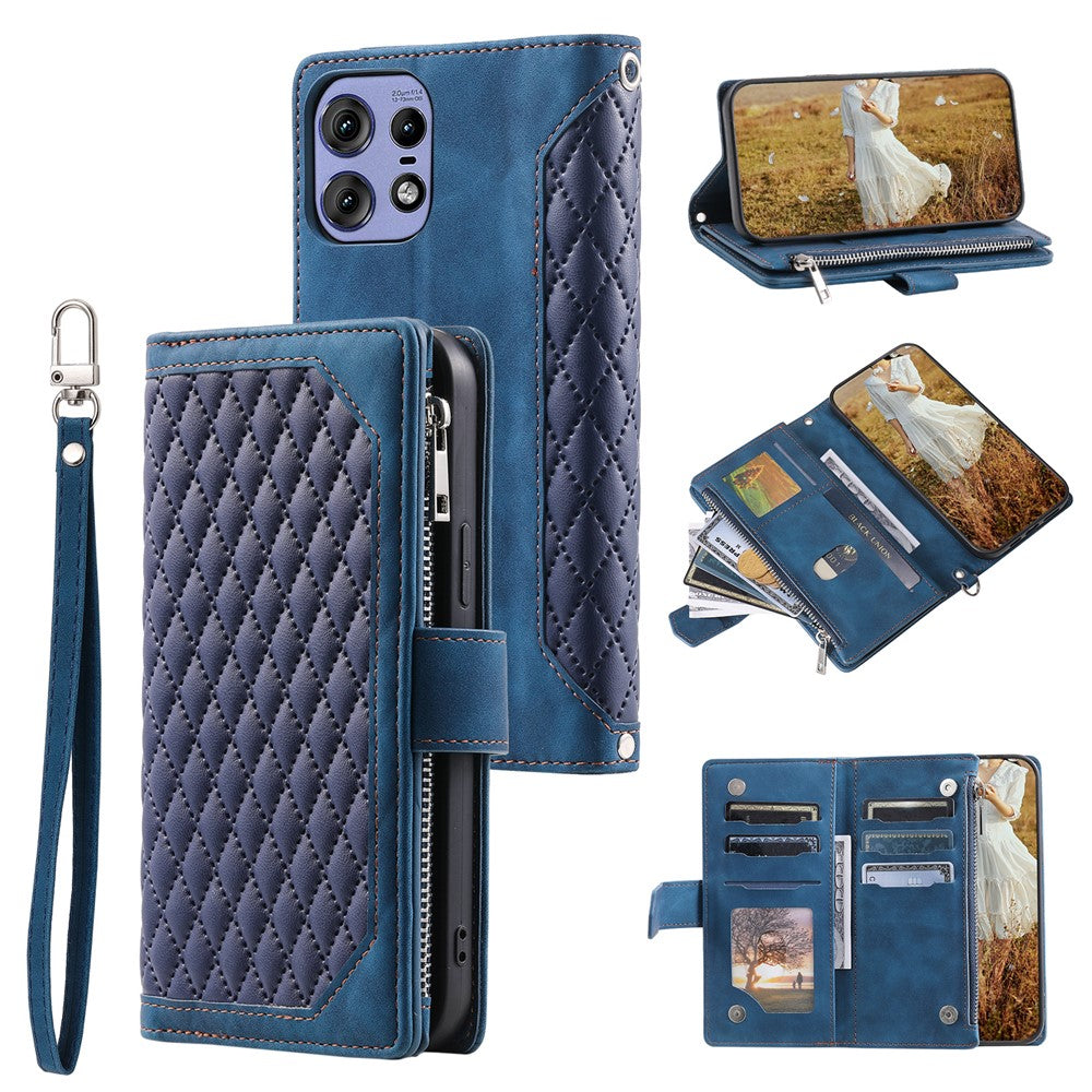 Style 005 For Motorola Edge 50 Pro 5G Case Zipper Pocket Leather Grid Phone Cover