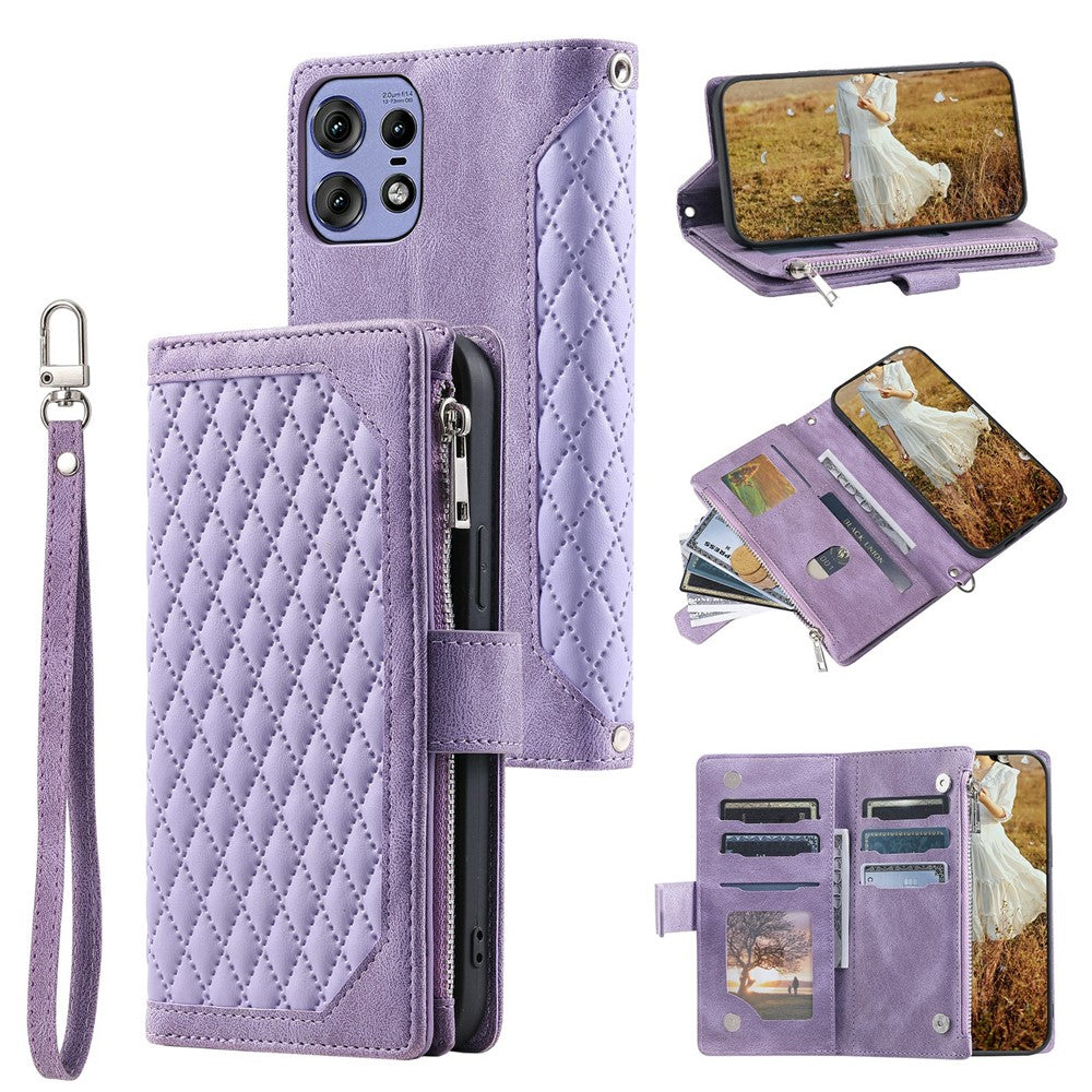 Style 005 For Motorola Edge 50 Pro 5G Case Zipper Pocket Leather Grid Phone Cover