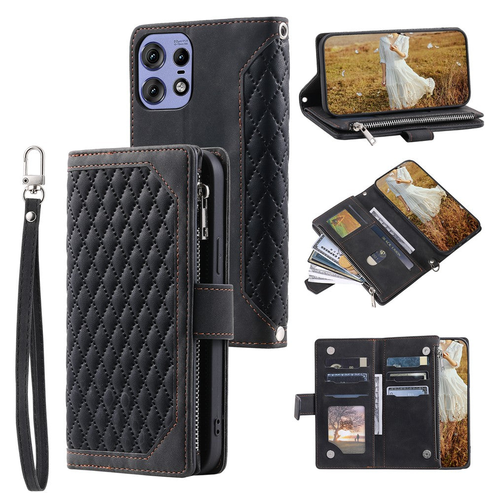 Style 005 For Motorola Edge 50 Pro 5G Case Zipper Pocket Leather Grid Phone Cover
