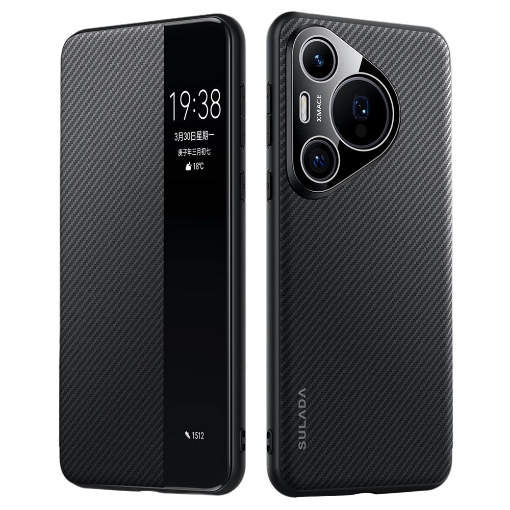SULADA For Huawei Pura 70 Pro / Pura 70 Pro+ Case View Window Carbon Fiber Texture Leather Cover