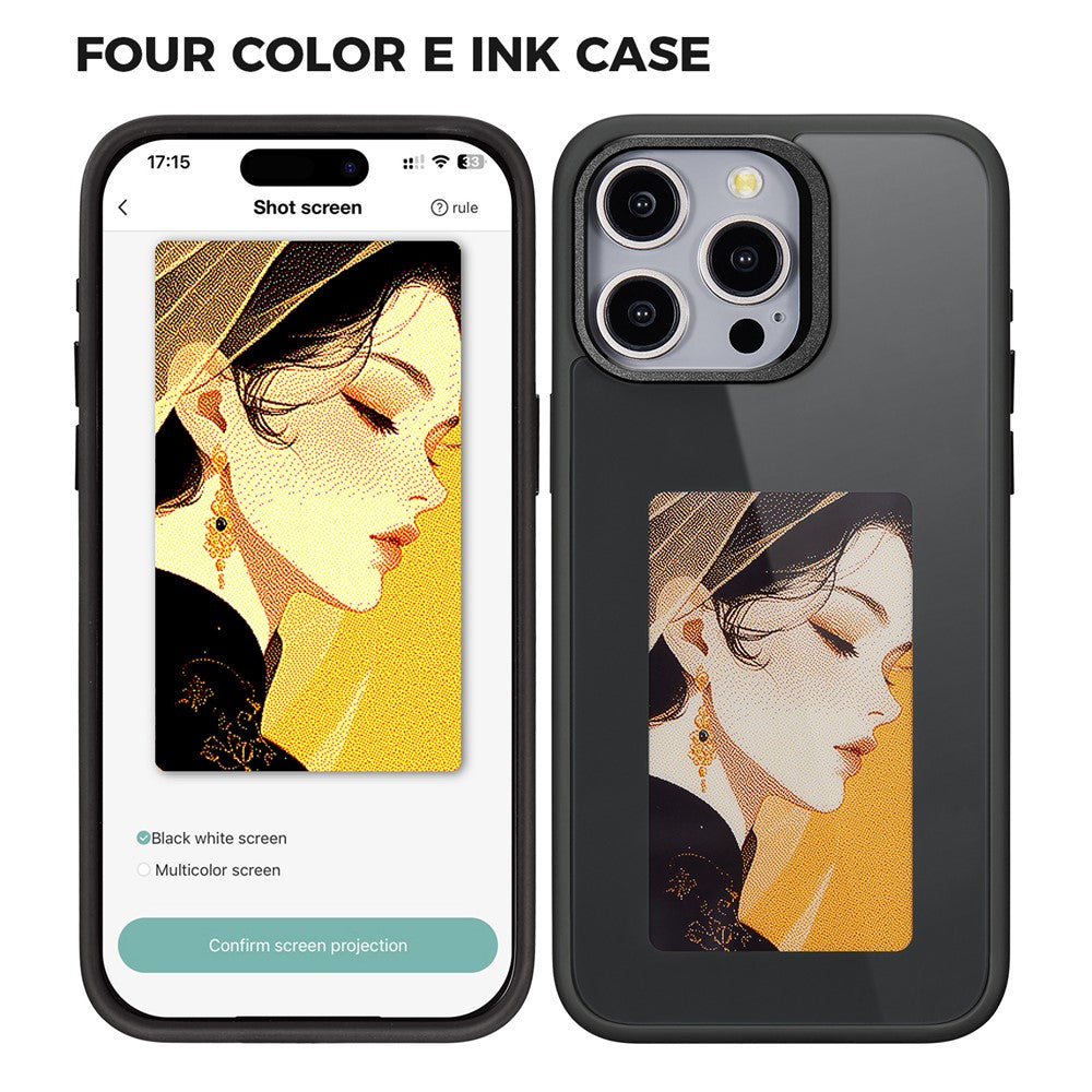 For iPhone 15 Pro Max Phone Case with E Ink Display 4-Color NFC DIY Phone Cover