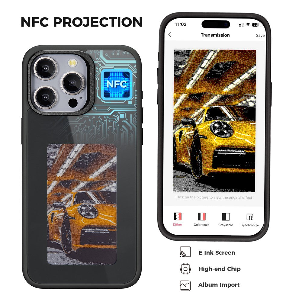 For iPhone 15 Pro Max Phone Case with E Ink Display 4-Color NFC DIY Phone Cover