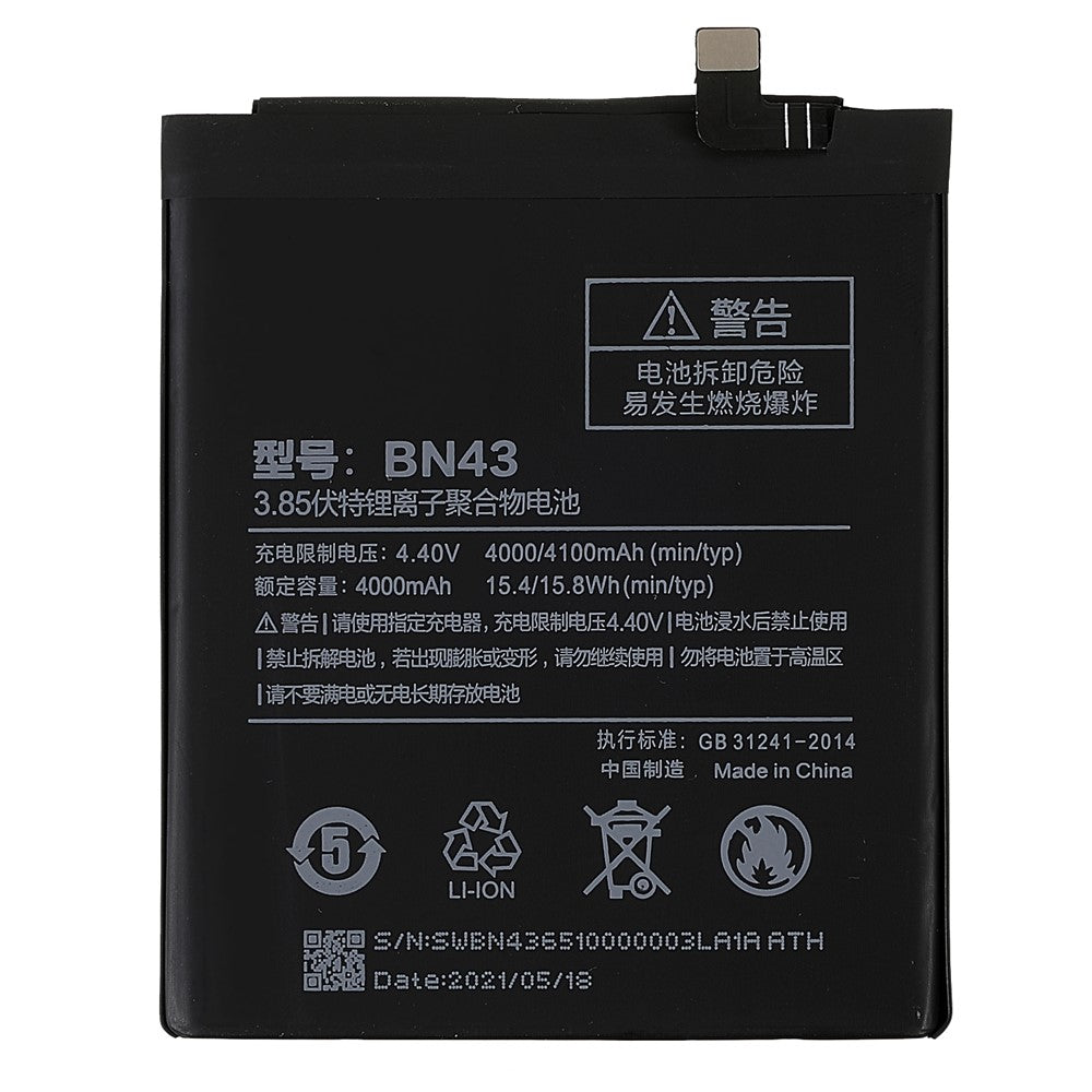 3.85V 4000mAh Udskiftningsbatteri (Kode: BN43) (uden logo) til Xiaomi Redmi Note 4X