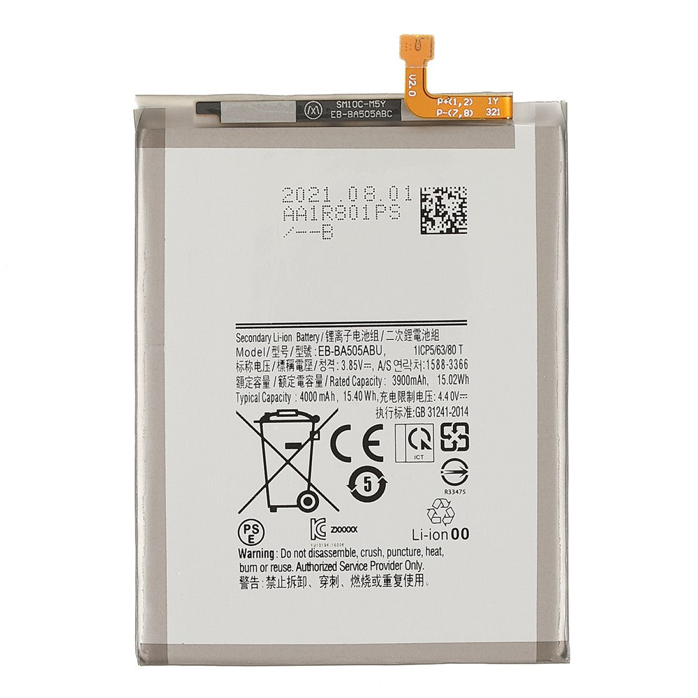 3,85V 3900mAh batteriersättning (kod: EB-BA505ABU) (utan logotyp) för Samsung Galaxy A50/A30s/A30/A20