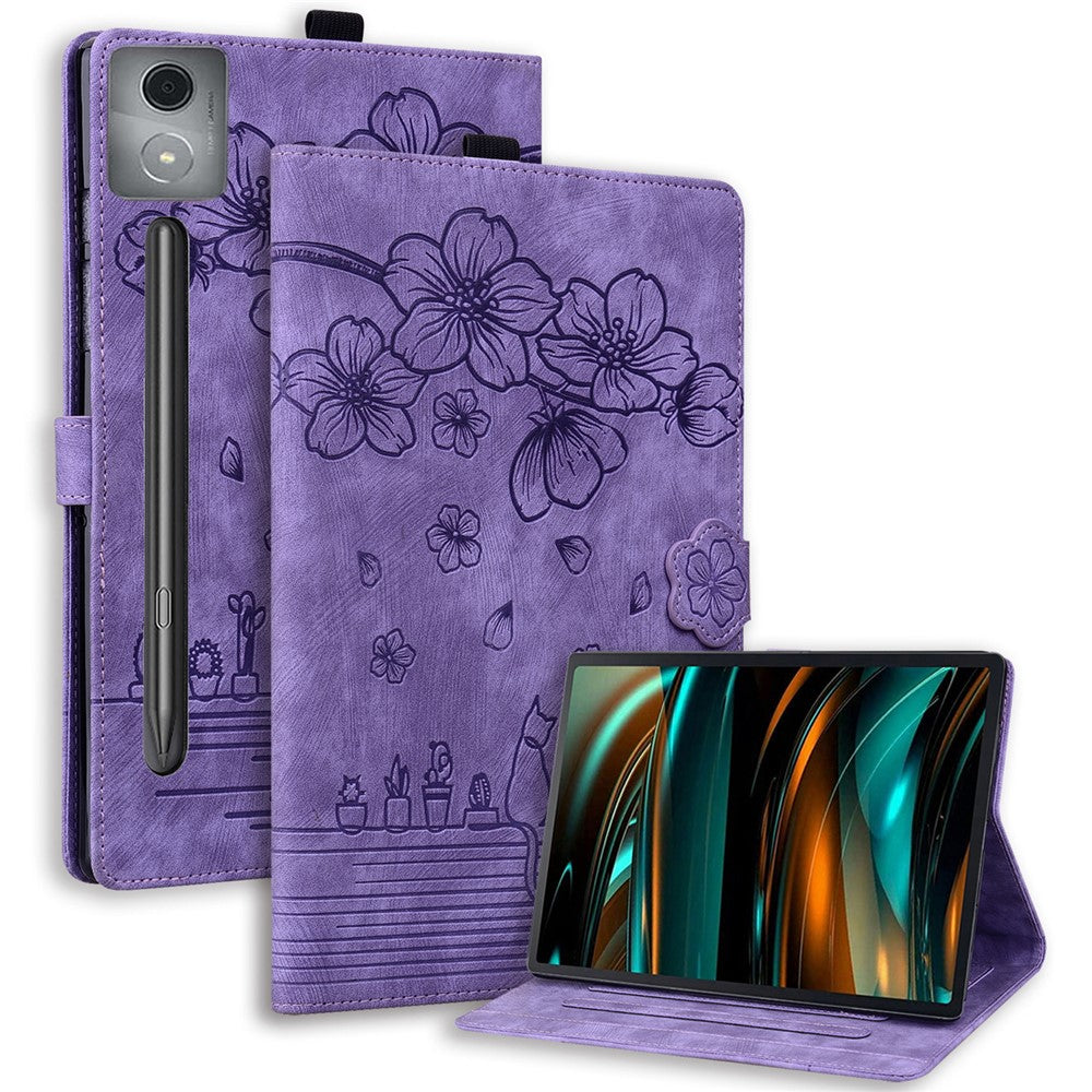 For Lenovo Xiaoxin Pad Pro 12.7 inch Case Card Slots Leather Tablet Stand Folio Cover Flower Cat
