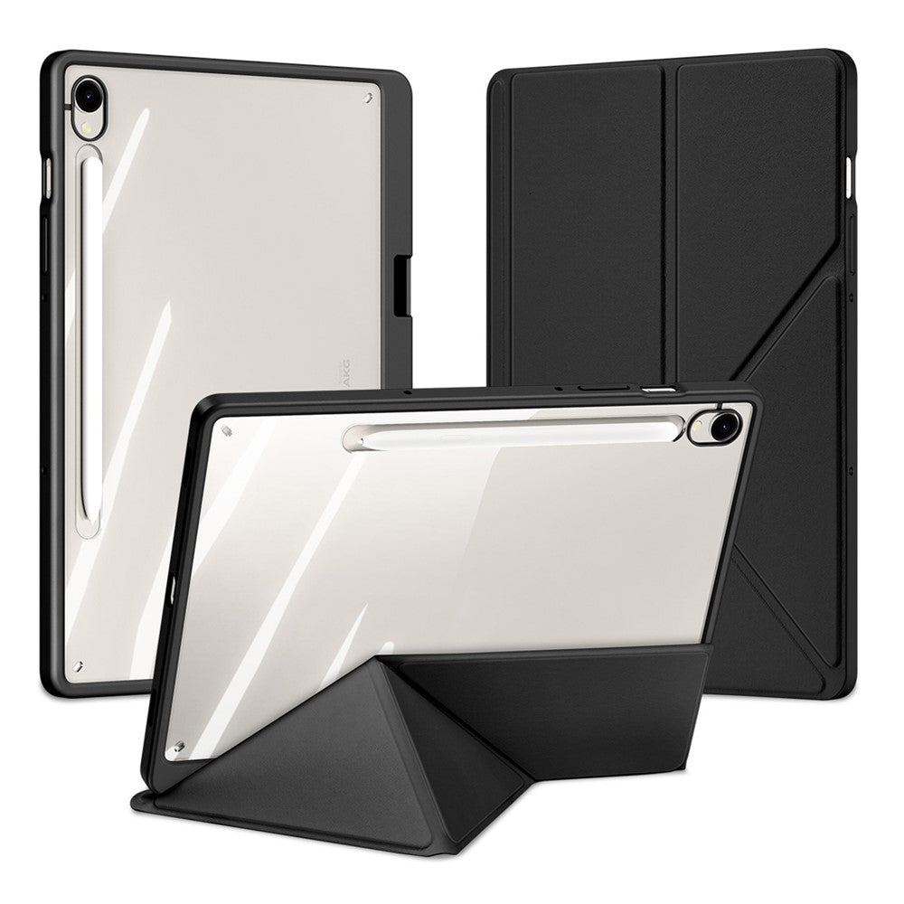 DUX DUCIS Magi-serien för Samsung Galaxy Tab S10 Lite / S10 FE / Tab S9 / S9 FE-skal Origami-stativ i läder + PC + TPU genomskinligt bakstycke