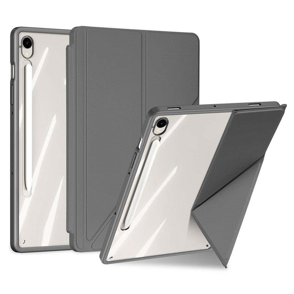 DUX DUCIS Magi-serien för Samsung Galaxy Tab S10 Lite / S10 FE / Tab S9 / S9 FE-skal Origami-stativ i läder + PC + TPU genomskinligt bakstycke