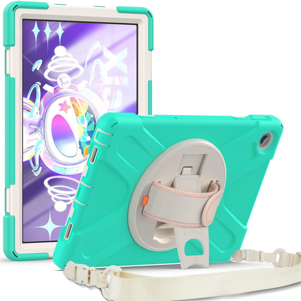 For Lenovo Tab M10 Plus (3rd Gen) / Xiaoxin Pad 2022 10.6 inch TB-125F / TB-128F 360 Degree Rotatable Hand Strap Tablet Case PC + Silicone Kickstand Cover with Shoulder Strap