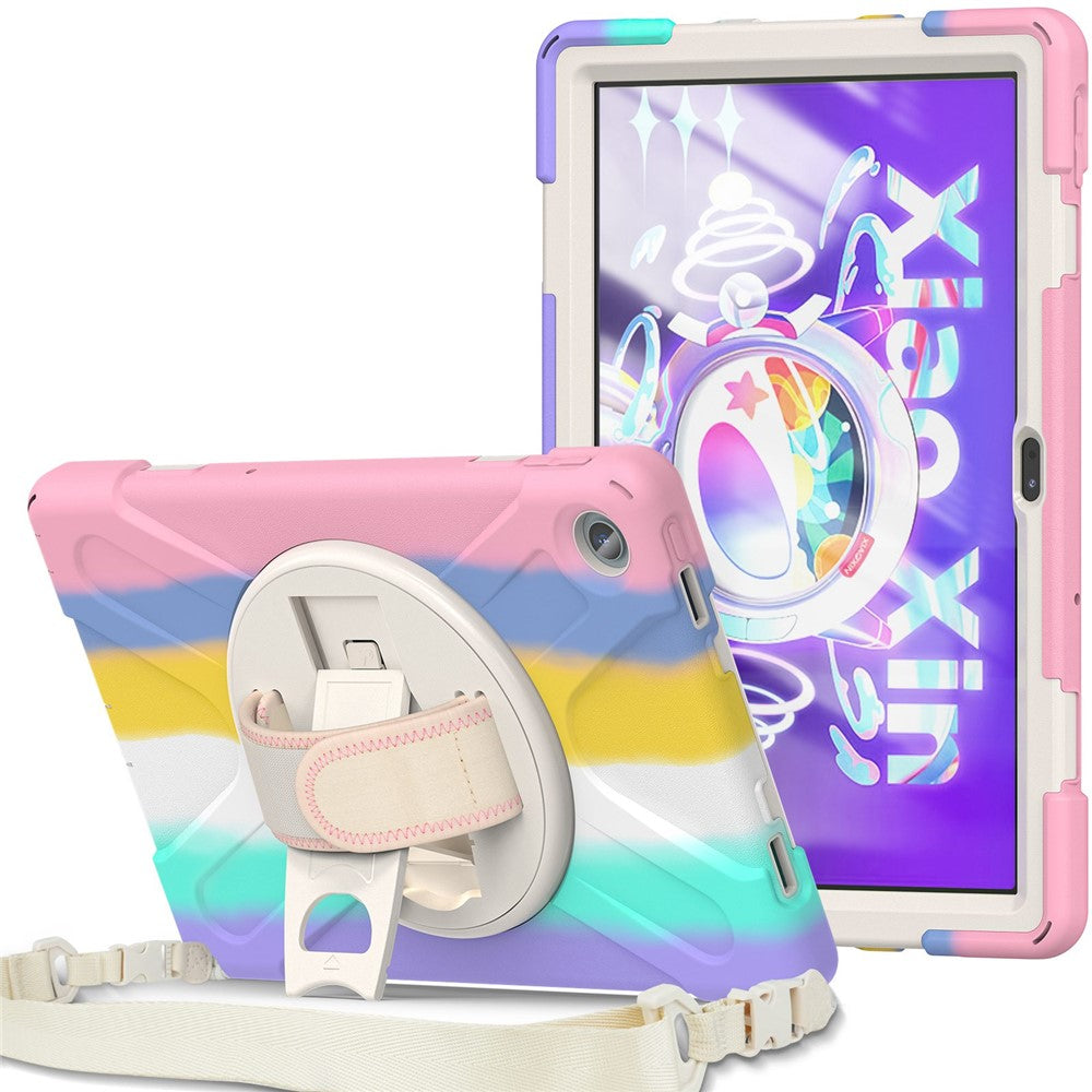 For Lenovo Tab M10 Plus (3rd Gen) / Xiaoxin Pad 2022 10.6 inch TB-125F / TB-128F 360 Degree Rotatable Hand Strap Tablet Case PC + Silicone Kickstand Cover with Shoulder Strap
