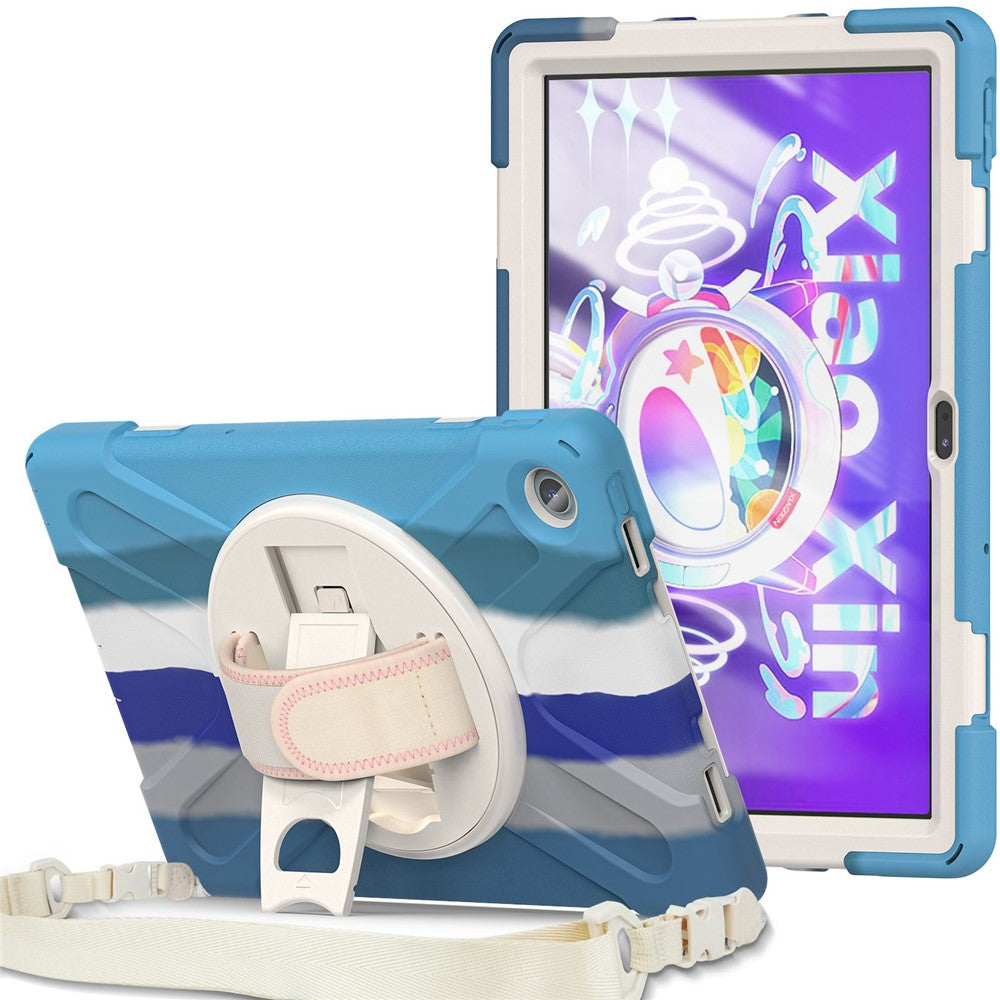 For Lenovo Tab M10 Plus (3rd Gen) / Xiaoxin Pad 2022 10.6 inch TB-125F / TB-128F 360 Degree Rotatable Hand Strap Tablet Case PC + Silicone Kickstand Cover with Shoulder Strap