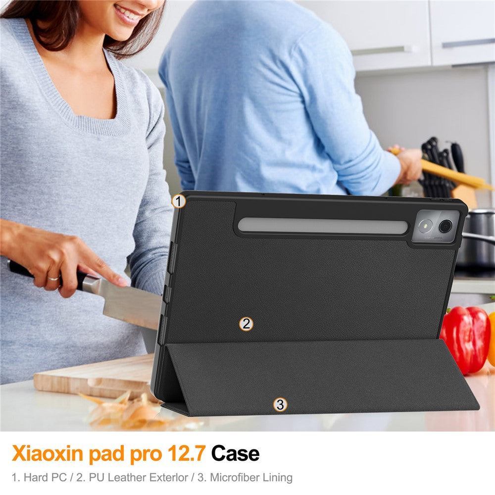 For Lenovo Xiaoxin Pad Pro 12.7 (2025) Stand Case Shock-Absorbent Leather Tablet Cover with Pen Slot