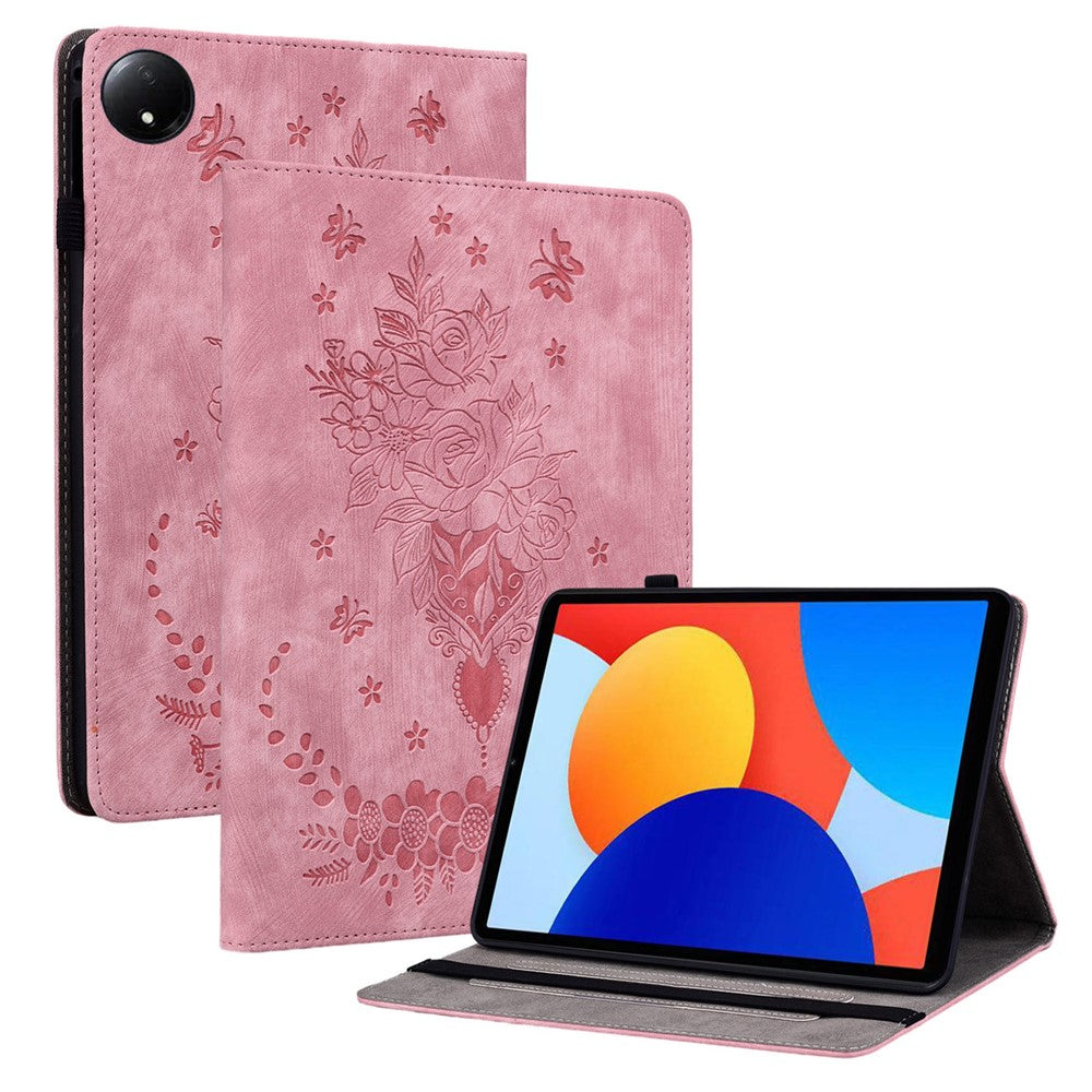 Xiaomi Redmi Pad SE 4G 8,7 tums fodral med korthållare, reptåligt läderfodral, rosblommatryck