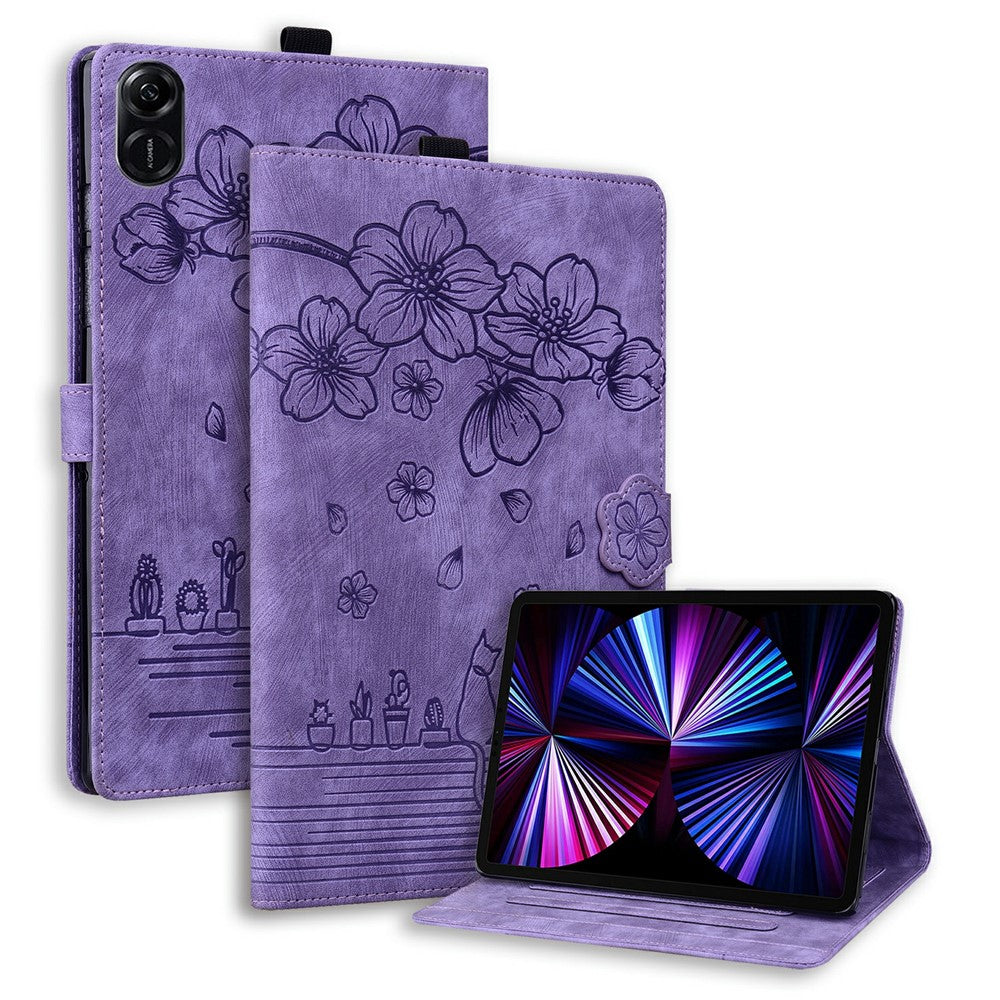 Til Honor Pad X8b / Pad X8a Cover Flip Stand Læder Tablet Etui Kirsebærblomst Kat Påtrykt