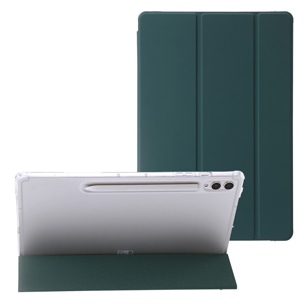 For Samsung Galaxy Tab S10 Ultra Case Tri-Fold Stand Leather+TPU+Acrylic Clear Back Tablet Cover
