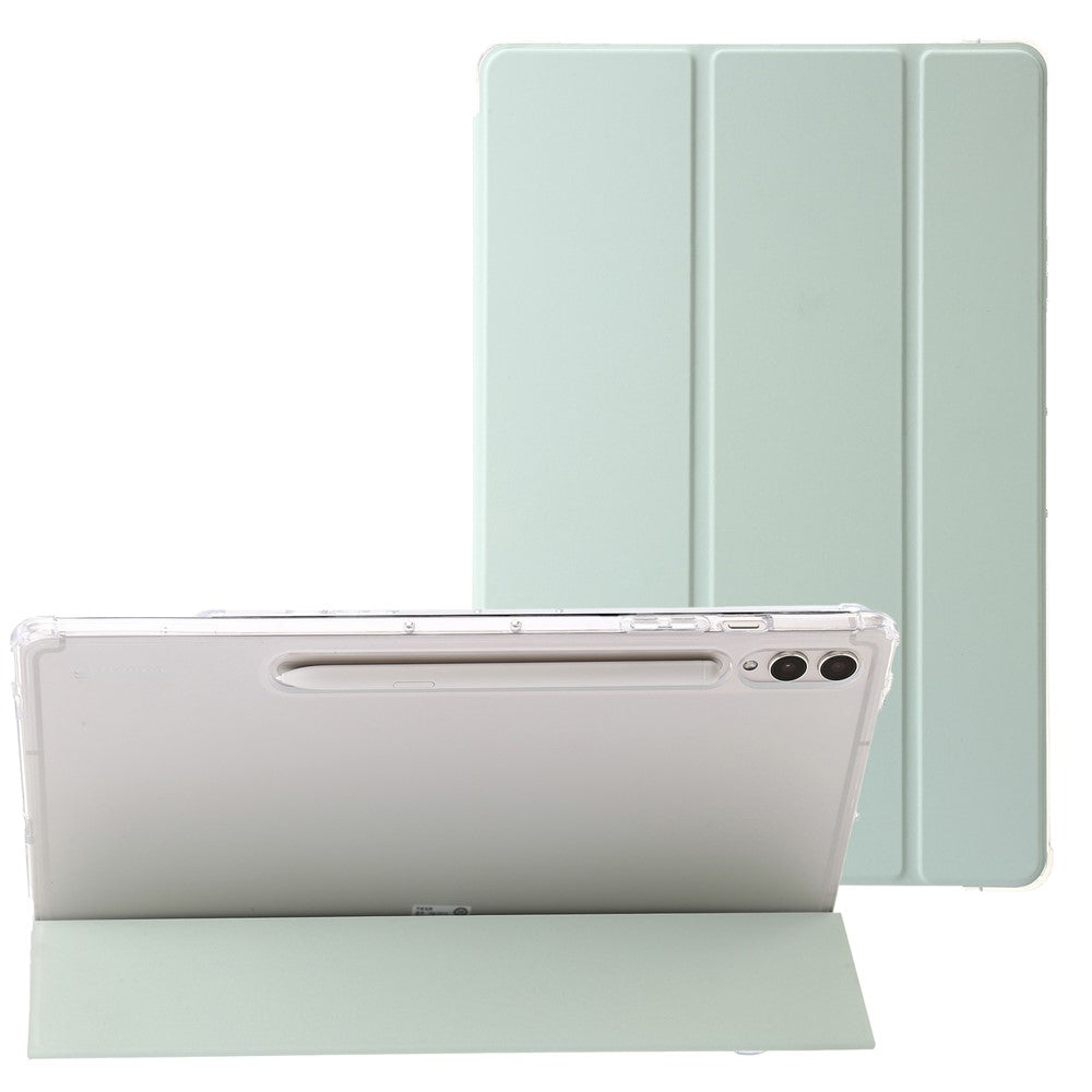 For Samsung Galaxy Tab S10 Ultra Case Tri-Fold Stand Leather+TPU+Acrylic Clear Back Tablet Cover