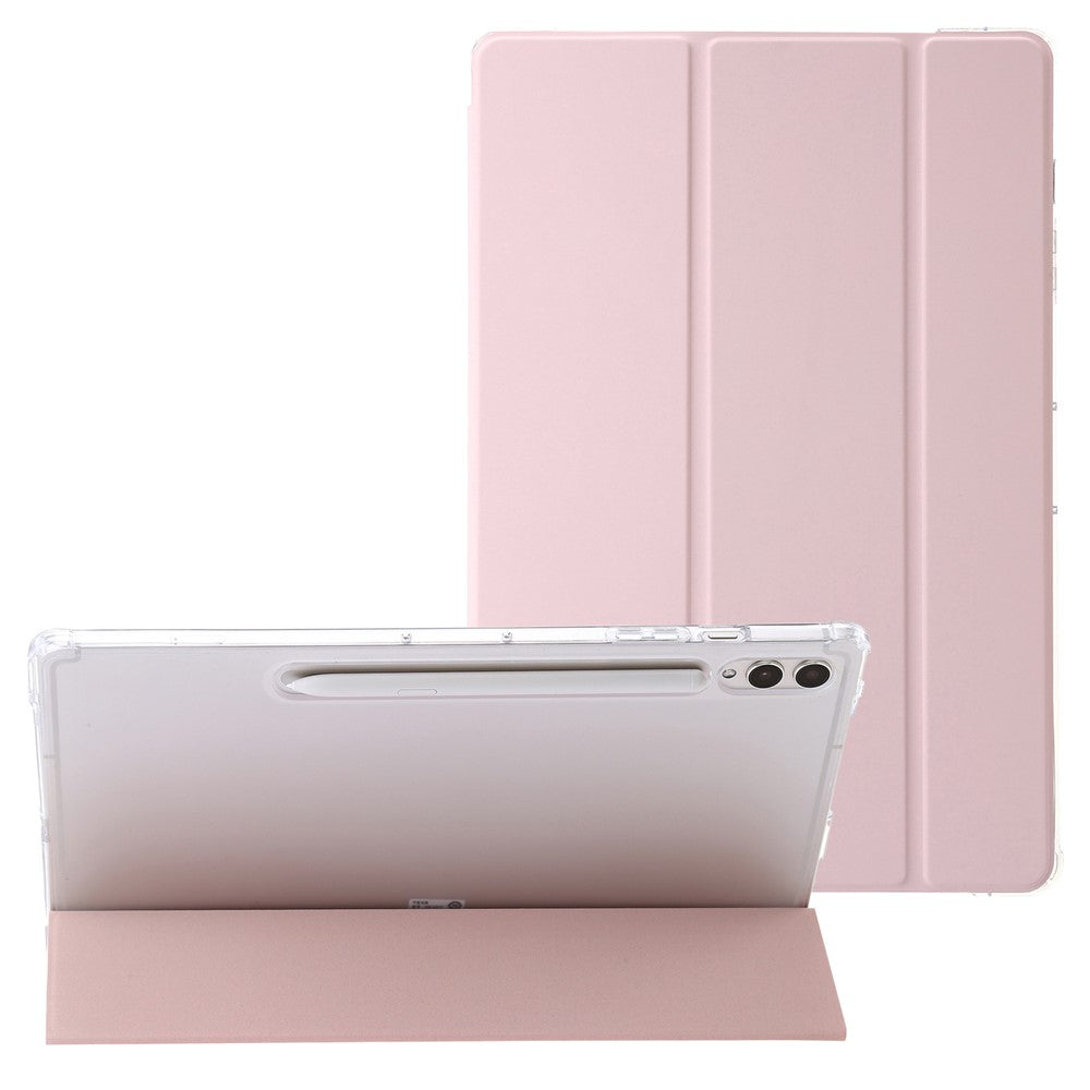 For Samsung Galaxy Tab S10 Ultra Case Tri-Fold Stand Leather+TPU+Acrylic Clear Back Tablet Cover