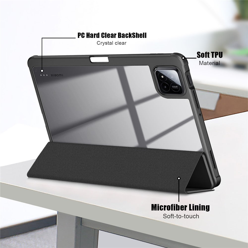 For Xiaomi Pad 7 Pro / Pad 7 Case Tri-Fold Stand PU Leather+TPU+Clear PC Back Cover