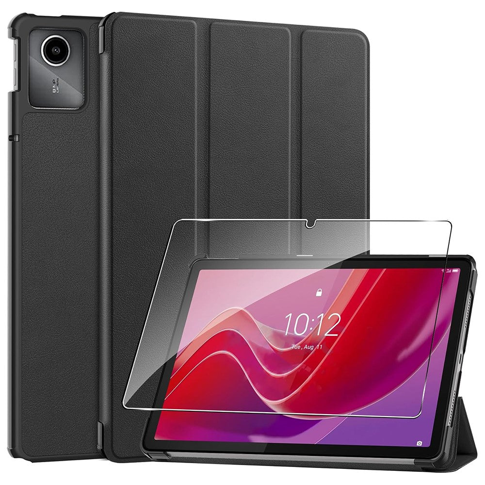 For Lenovo Tab M11  /  K11 Case Tri-Fold Stand PU Leather Tablet Cover with 2.5D Tempered Glass Screen Protector