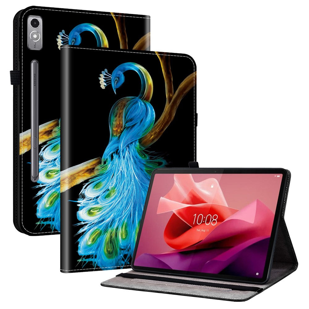 Läderfodral för Lenovo Tab P12 med mönstertryck och stativ, surfplatta och kortplatser