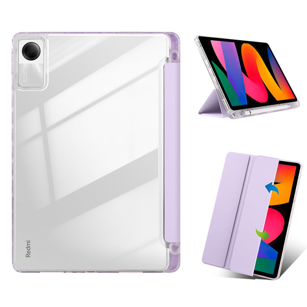 For Xiaomi Redmi Pad SE Case Tri-Fold Stand Leather+TPU+Acrylic Clear Back Tablet Cover