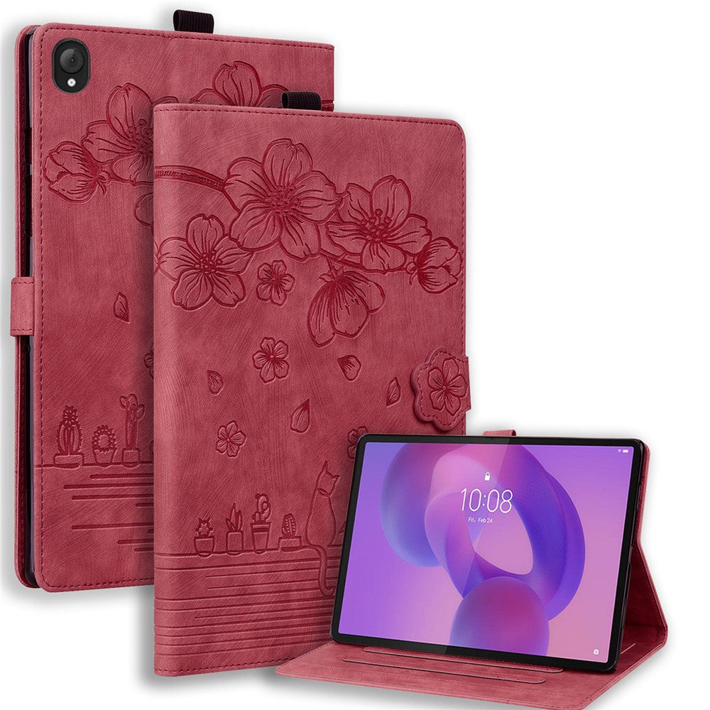 For Lenovo Tab K10C / Tab E10C Case Card Slots Leather Tablet Stand Folio Cover Flower Cat
