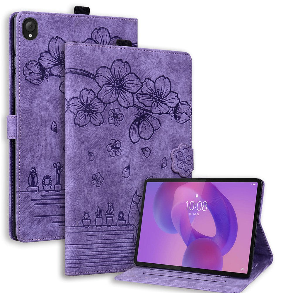 For Lenovo Tab K10C / Tab E10C Case Card Slots Leather Tablet Stand Folio Cover Flower Cat
