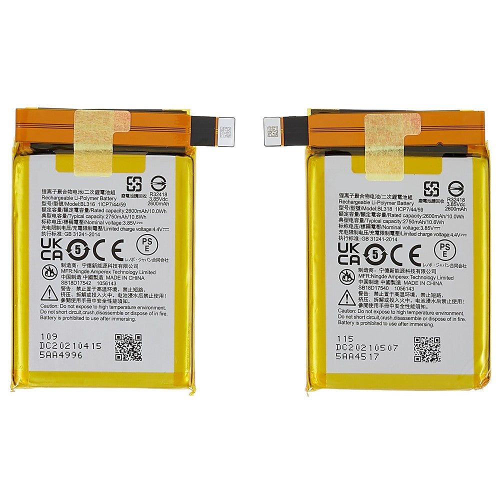 2Pcs / Set 3.85V 2600mAh Phone Battery BL316 / BL318 for Lenovo Legion 2 Pro 5G, Battery Replacement Part